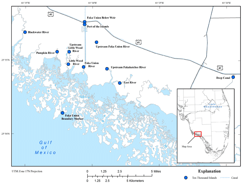 Location map showing Ten Thousand Islands sites