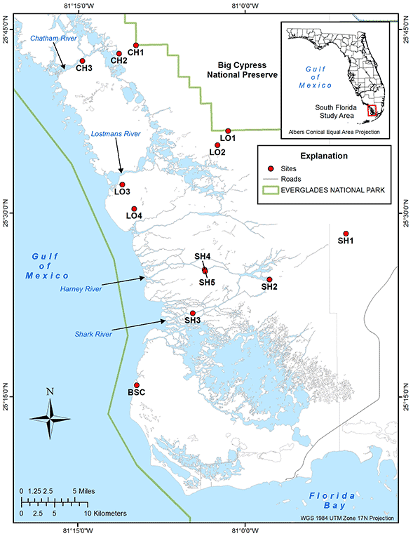 Location map showing Everglades Land-Margin Ecosystem sites